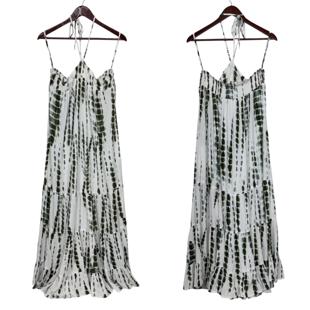 Earthbound Trading Off White & Green Tie Dye Halter Maxi Dress Size Medium